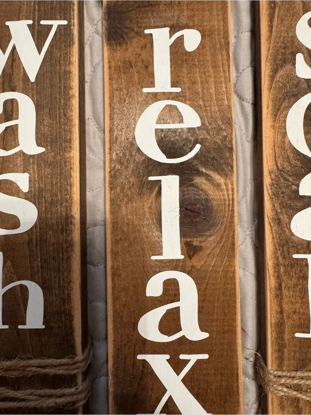 Wooden Bathroom Sign Set - Soak Relax Wash - Rustic Brown